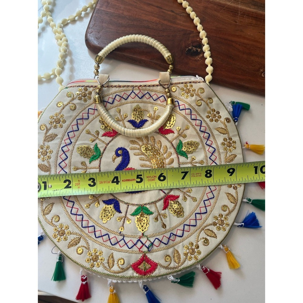 Handmade Embroidered Shoulder Bag Colorful Indian Crossbody Tassel Handbag - Picture 7 of 8
